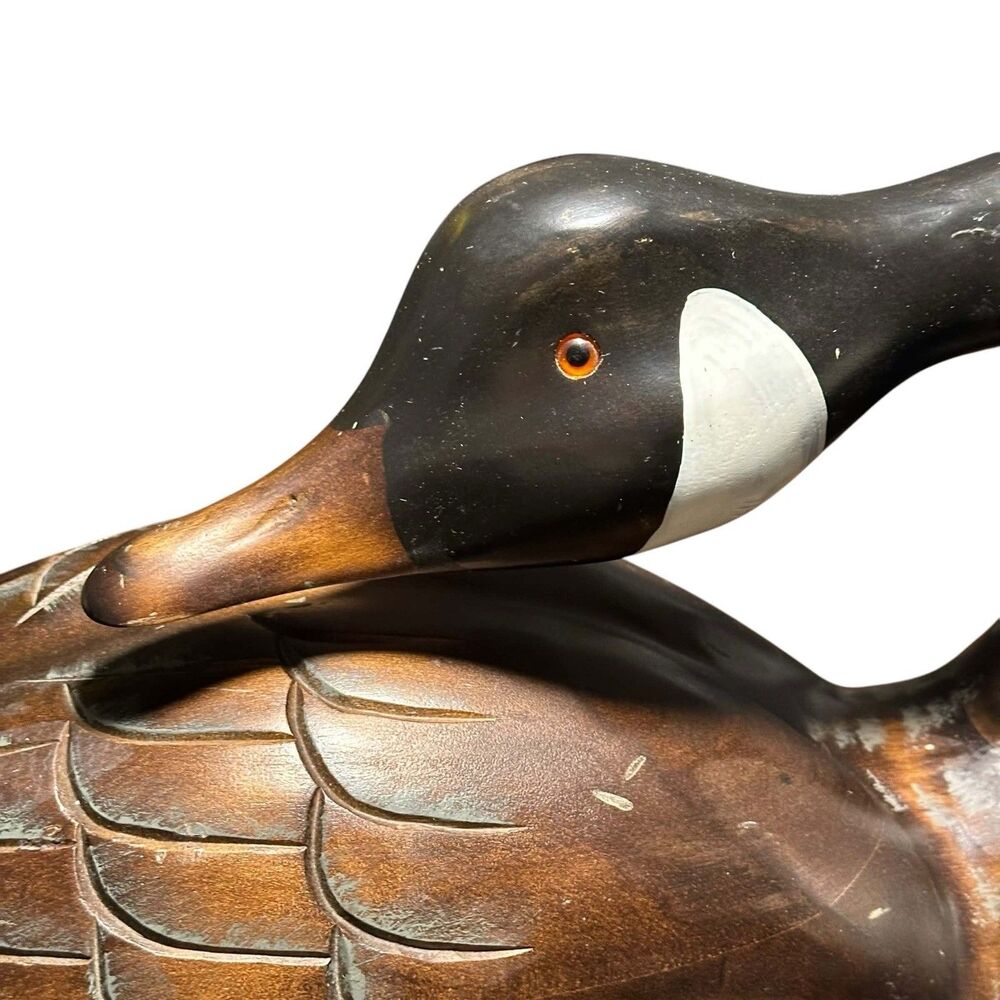 Vintage 1986 Hand Carved Wood Canada Goose Decoy 23in Preening Glass Eyes Large - Picture 14 of 15